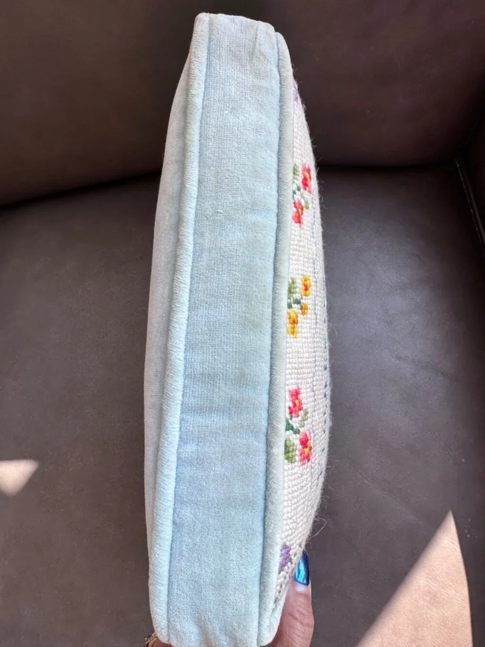 Vintage Needlepoint Pillow With Floral Design & Blue Velvet Backing 11